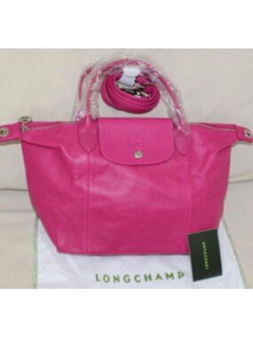 New w/Tags Longchamp Le Pliage Cuir Leather Shoulder Bag, Small, Cyclamen Pink